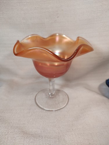 Iridescent Orange Carnival Glass Fluted Compote Candy Dish Good Condition - Picture 2 of 12