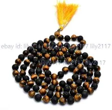 Natural Lava Rock Tiger's Eye Gems Tibet Buddhist 108 Prayer Beads Mala Necklace