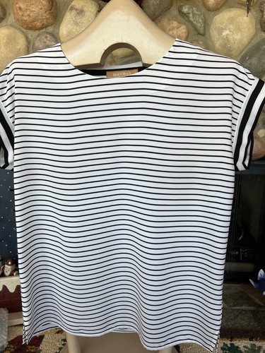 ELLEN TRACY Ladies Black & White Stripe Style T-Shirt 100% Silky Polyester - Picture 5 of 16