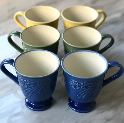 Lenox Poppies Blue, Yellow, Green 8oz Coffee/Tea Mugs Set Of Six
