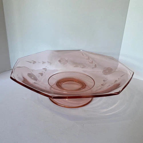 Vintage Pink Depression Glass Etched Bowl With Octagon Top Rim & Round Pedestal