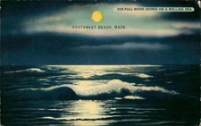 Vintage Linen Postcard Nantasket Beach Full Moon Over Ocean Waves