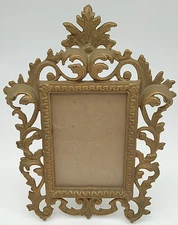 Antique Victorian Art Nouveau Rococo Gilted Metal Picture Frame Hinge Easel Back