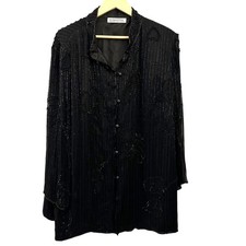 Silhouettes Black Beaded 100 Silk Sheer Sleeved Button Up Blouse Plus Size 22W