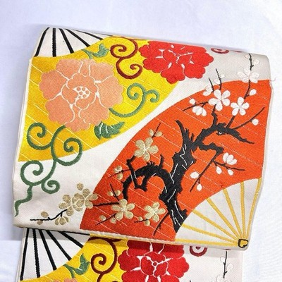 Round obi antique plum blossom peony fan arabesque gold thread kimono 061ty