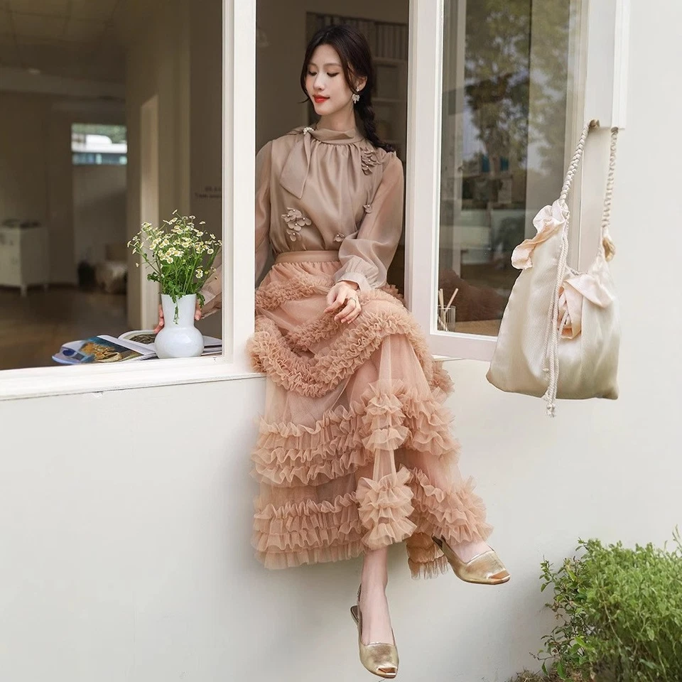 Vestido de hadas de malla empalme de encaje multicapa cintura alta color liso falda línea A Foto 3 de 4