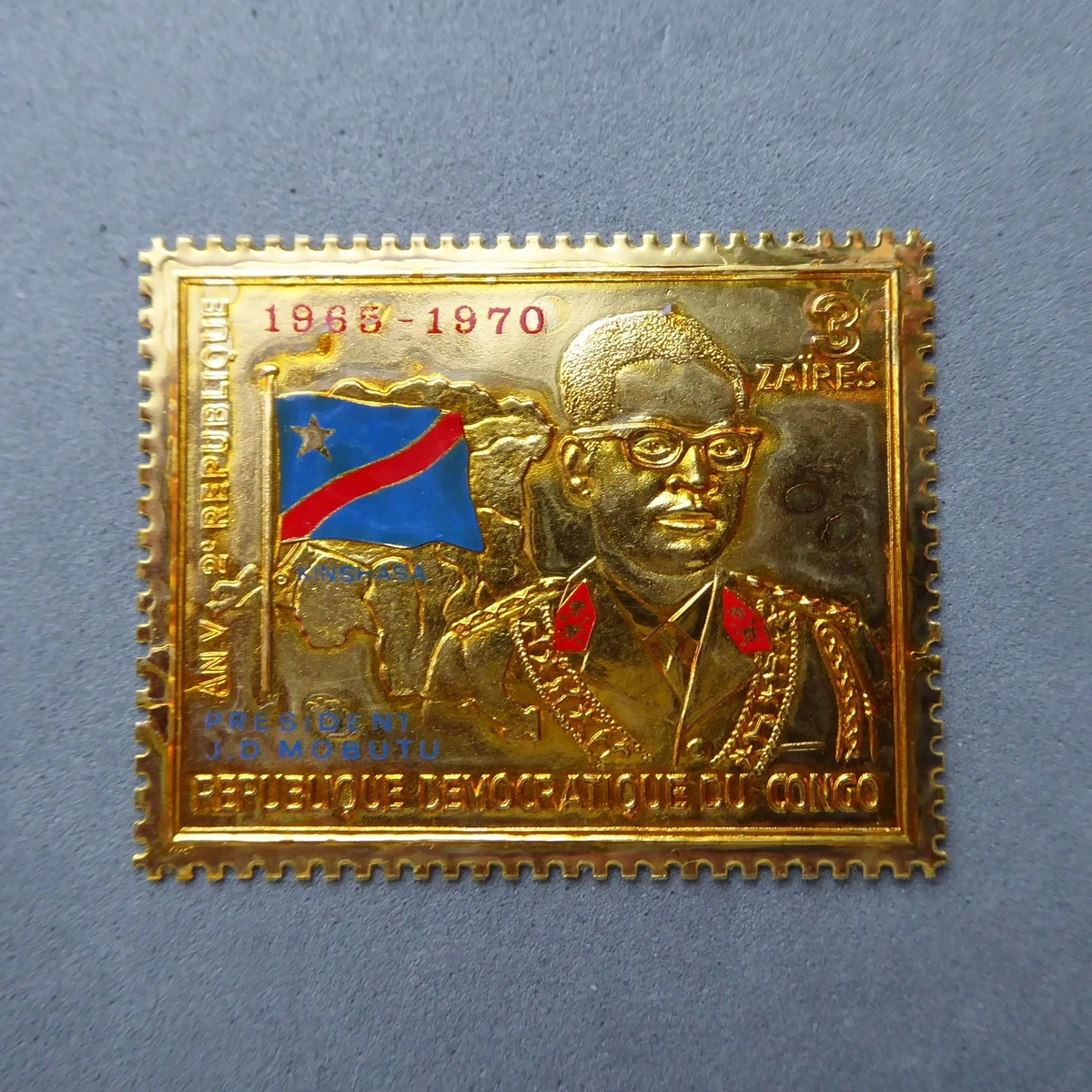RARO SELLO DE ORO CONGO ZAIRE 1979 Presidente MOBUTU Hoja de Oro Dorado Oro