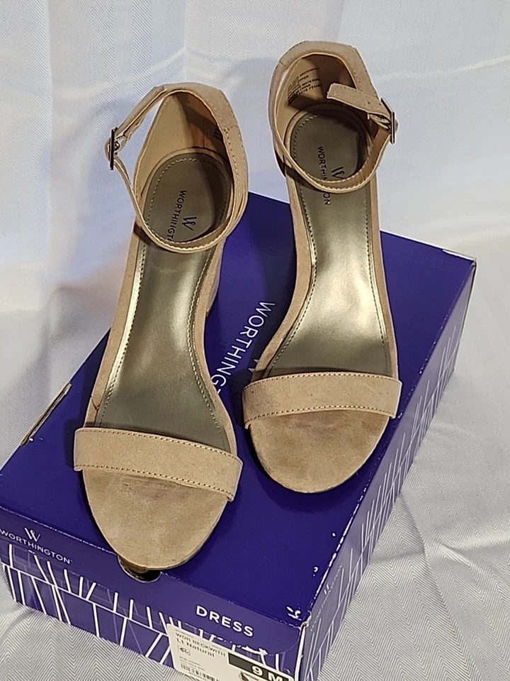 Sandalias Worthington Beckwith Beige Mujer 9 Gamuza Punta Abierta Correa al Tobillo Tacón Bloque Foto 2 de 4
