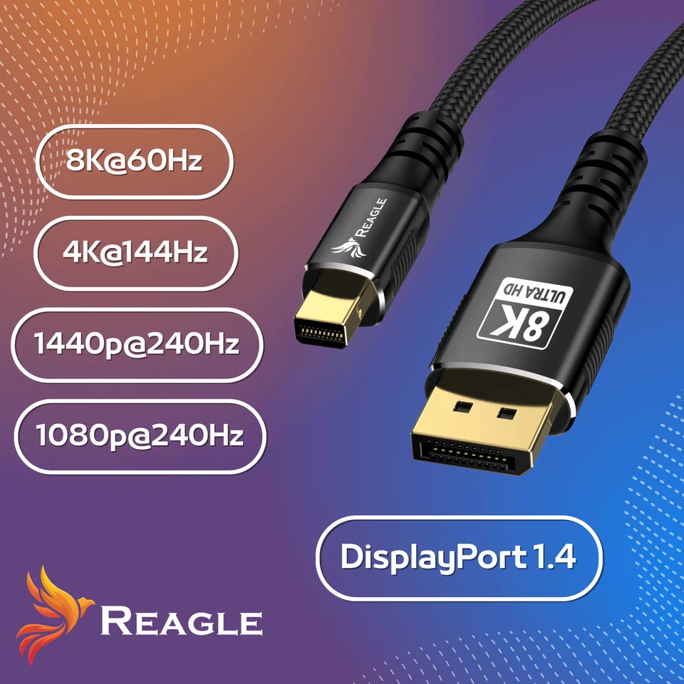 mini DisplayPort auf Display port DP 1.4 PRO 8K 4K 144Hz Reagle 3M Kabel Nylon - Bild 3 von 4