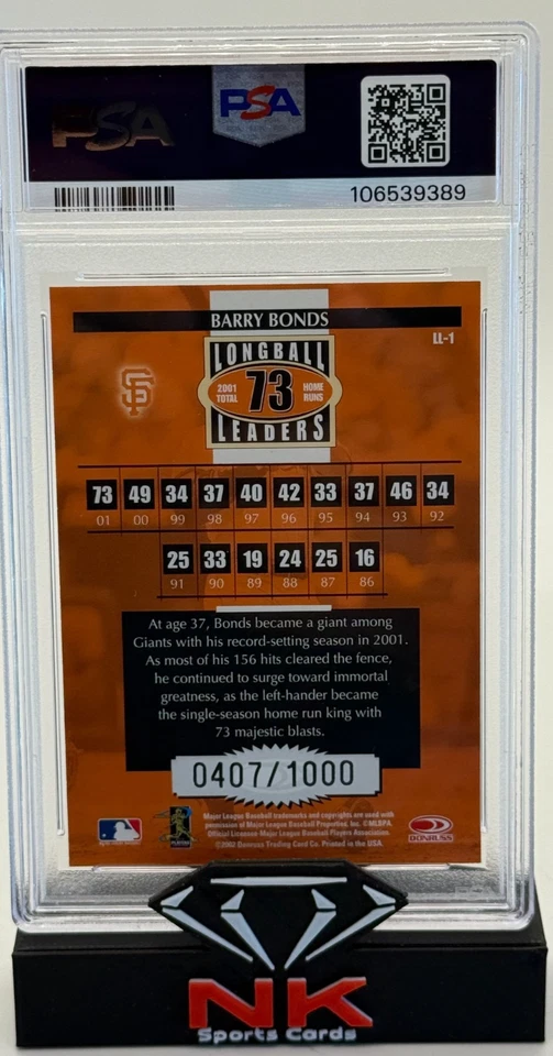 2002 Donruss Barry Bonds Longball Leaders  /1000 Foil #LL1 Giants PSA 9 Pop 2 - Image 2 of 2