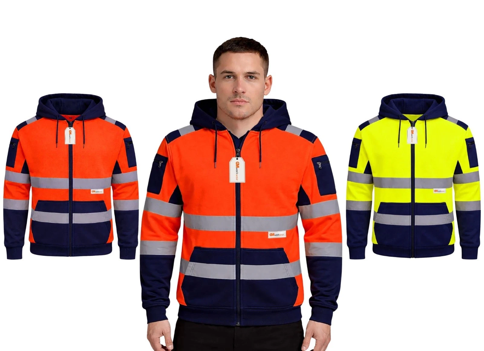 GM Hi Viz Full Zip Hoodie Class 3 Reflective Fleece Safety Workwear Mens Rail UK