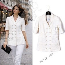 $5.8K CHANEL 14C Ivory White CC Logo Buttons Short Sleeve Double Jacket 40 US8