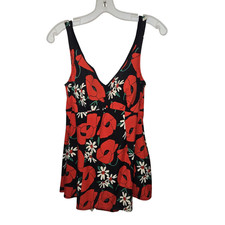 Vintage 70s 80s Swimdress Swimsuit Made in Sweden Black Red Floral Skirted S M
