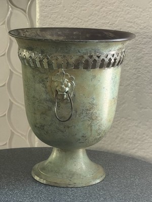 Vintage Brass Urn Planter Lion Head Handles Verdigris French Victorian Style