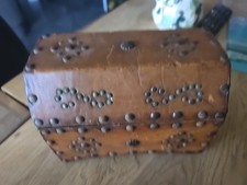 VTG Leather Covered Barrel Top Studded Box Treasure Chest Spanish Revival