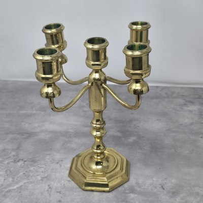 Vtg MCM 8 1/2'' Tall Solid Brass 4 Arm Candelabra 5 Taper Candle Holder 