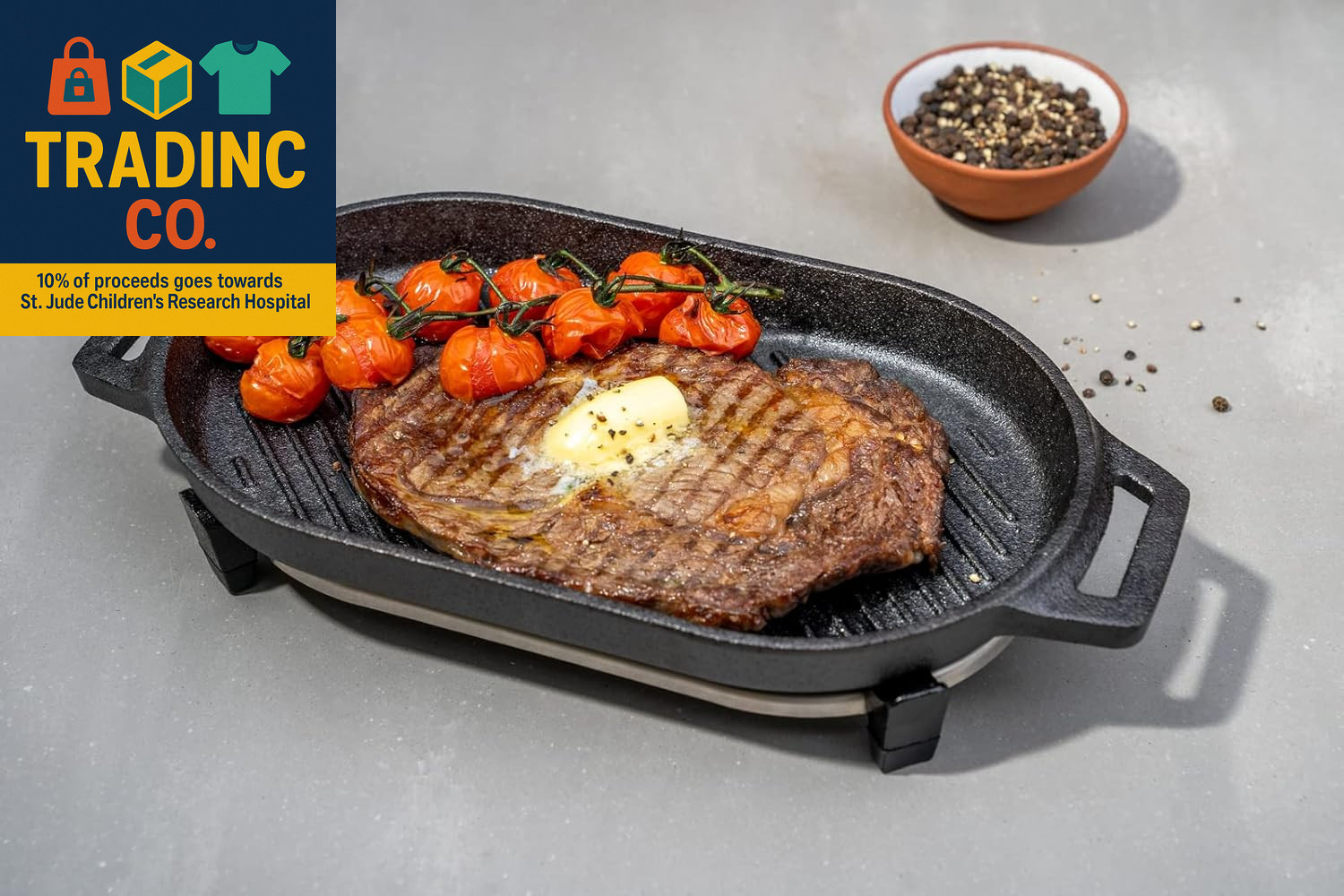 Cast Iron Grizzler Pan - Grill Frying Pan, 12" X 6" Griddle Plate with Removable