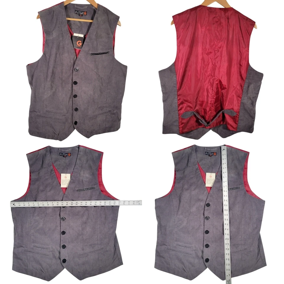 G by Guess Men’s Gray Corduroy Vest XXL Faux Leather Trim Red Lined NWT - Image 4 of 4