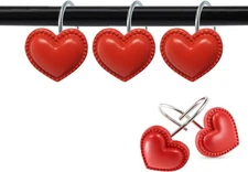 Set of 12 Red Heart Shape Shower Curtain Hooks, Valentine's Day Theme, 