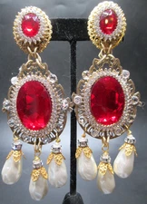 LAWRENCE VRBA Ravishing Red & Sparkling Ice Rhinestone Faux Pearl Earrings