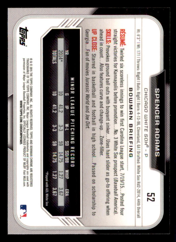 2015 Bowman Chrome Draft Refractors #52 Spencer Adams - Image 2 of 2