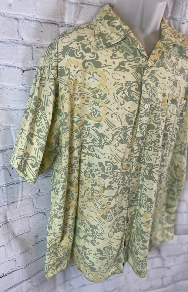 Camisa Aigle Para Hombre Talla XL VERDE AMARILLO Floral Tropical Manga Corta Botón Top Foto 4 de 4