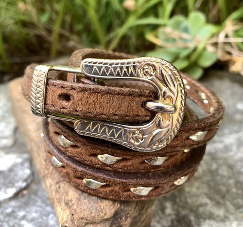 Vntg Leather Western Belt w/Buckle Gold Tone Buckstitch Women’s S/M - Picture 2 of 16
