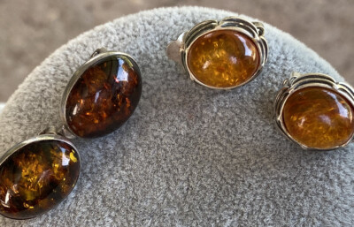 Vintage Sterling Silver Amber Clip On Earrings Set Of Two Different Styles