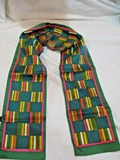 VINTAGE 1960's SCARF Twill Hand Printed Greens Yellow Pink 40" x 5" Reversible