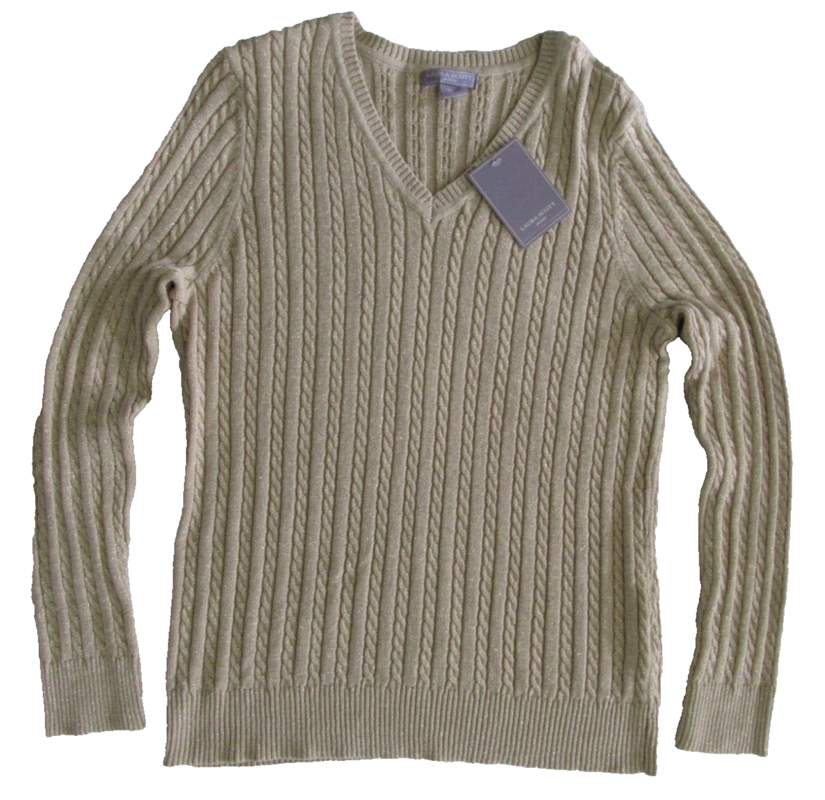 Laura Scott Gold Sparkle Cable Knit V-Neck Pullover Sweater Petite