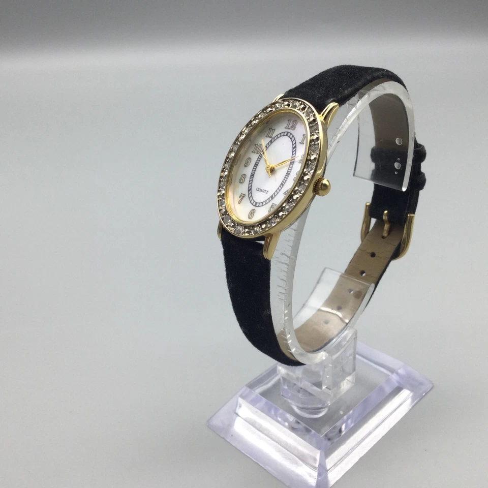 Reloj Cristales Mujer 24mm Tono Dorado MOP Esfera Ovalada Banda Negra Batería Nueva Foto 4 de 4