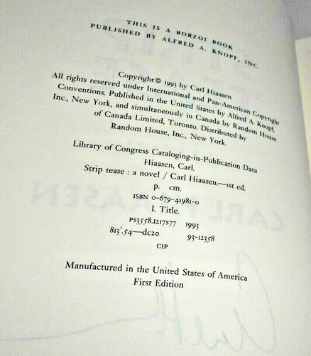 Carl Hiaasen ~ Strip Tease ~ HcDj ~ First Edition Signed ~ Fine, or Nearly So - Picture 4 of 4