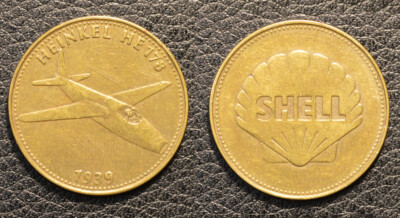 Werbemarke der Firma Shell Medaille 1939 Shell - Flugzeug Heinkel HE ...