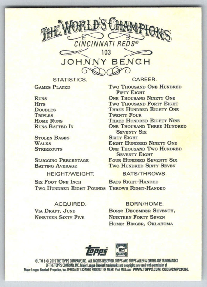 2019 Topps Allen and Ginter Gold Border #103 Johnny Bench (ref 168010) - Image 2 of 2