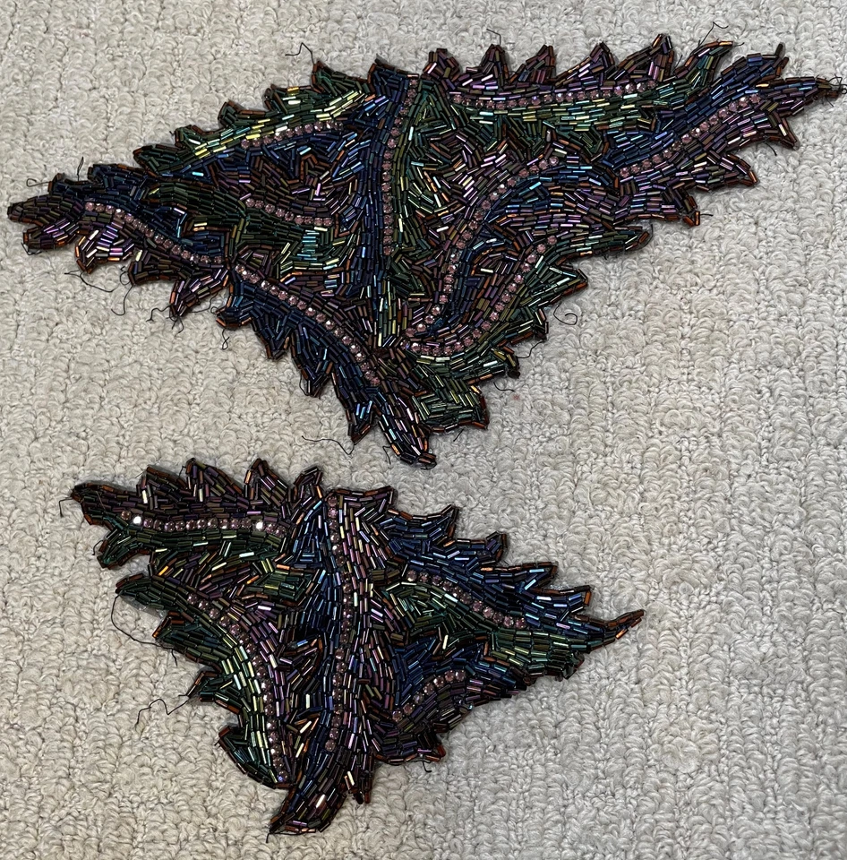 Lote de 2 parches vintage de diamantes de imitación con apliques de cuentas rosa púrpura azul verde grandes Foto 2 de 4