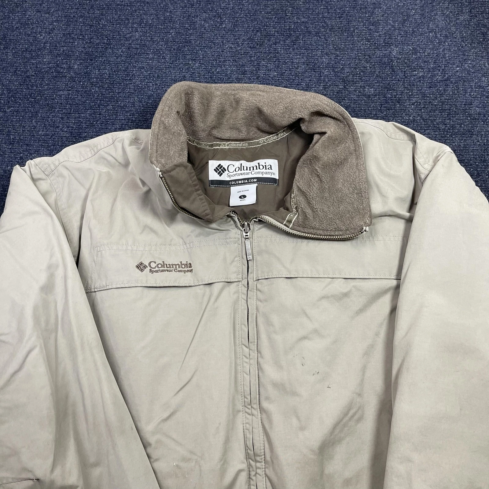 Columbia Jacket Mens Large Beige Puffer Full Zip Fleece Collar Outdoor Winter