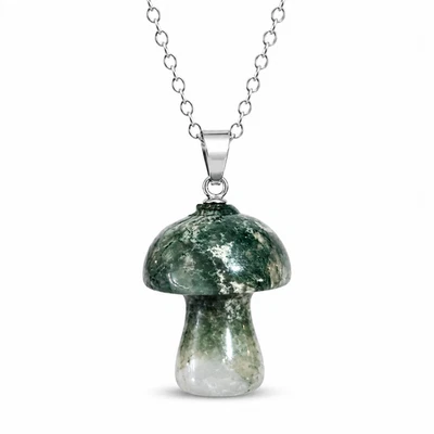 Moss Agate Mushroom Crystal Pendant Chain Necklace Boho Natural Gemstone Stone - Image 1 of 4