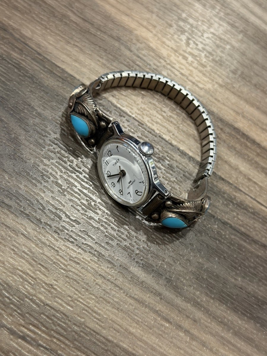 VTG TIMEX 12K TURQUOISE WATCH BAND FLORAL WATER RESISTANT BASE METAL BEZEL Vintage Native American Sterling, Turquoise and Coral Ladies  main image 2