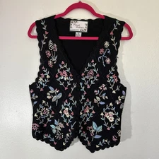 VTG Sz M Carolina Colours Floral Embroidered Vest Black Witchy Cottagecore
