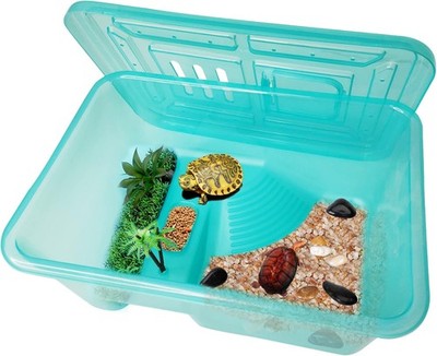 Fhiny Turtle Tank with Lid, Plastic Reptile Terrarium Small, Blue 