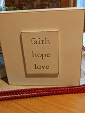 Quill To Paper by Sixtrees " Love Faith Hope" 7" X 7" Block Sign Hang or Stand