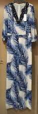 NWT $895 Tory Burch Baltic Sea Feather Print Embelished Neck Maxi Dress Size 0