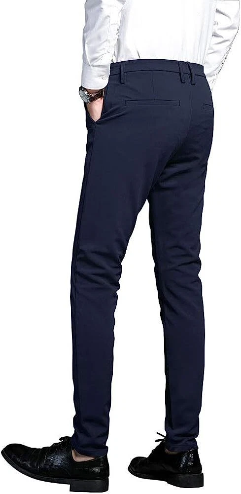 Plaid&Plain Men's Stretch Dress Pants Slim Fit Skinny Suit Pants