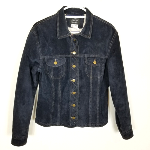 In Flight by Par Pabl Women Zebra Leather Jacket Sz L Blue Button Up
