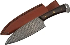 Damascus Kitchen Chefs Knife 6" Steel Full Blade Brown Wood Handle w/Sheath