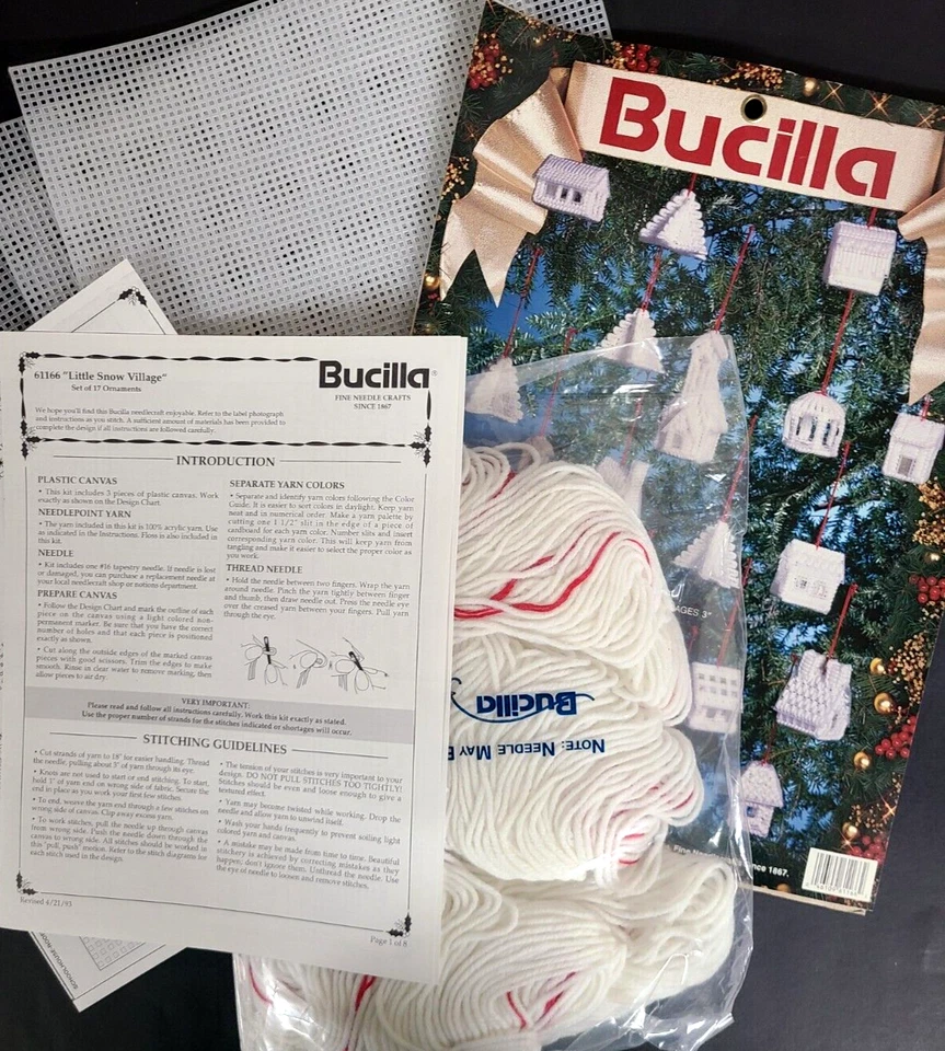 Vtg Bucilla LITTLE SNOW VILLAGE Plastic Canvas 17 Christmas Ornament Kit #61166 - Image 2 of 3