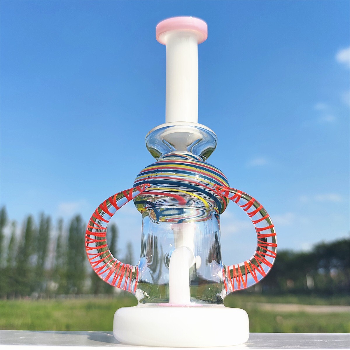 9 Inch Cream Pink Twin Horns  Recycler Glass Water Pipe Bong Hookah 14MM
