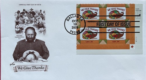 Artcraft 3546 Thanksgiving 2001 Plate Block of 4
