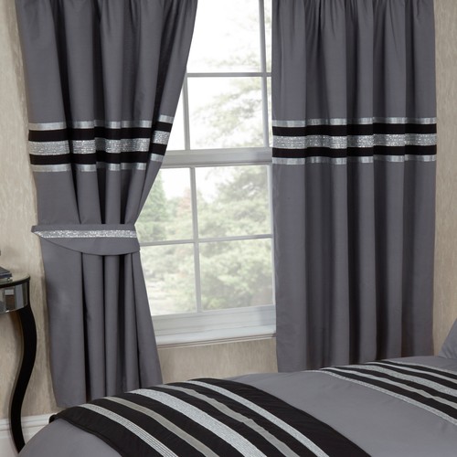 GLITZ 66" x 72" CURTAINS 200 THREAD COUNT COTTON LUXURIOUS RIBBON TRIM DETAILING - Picture 4 of 7