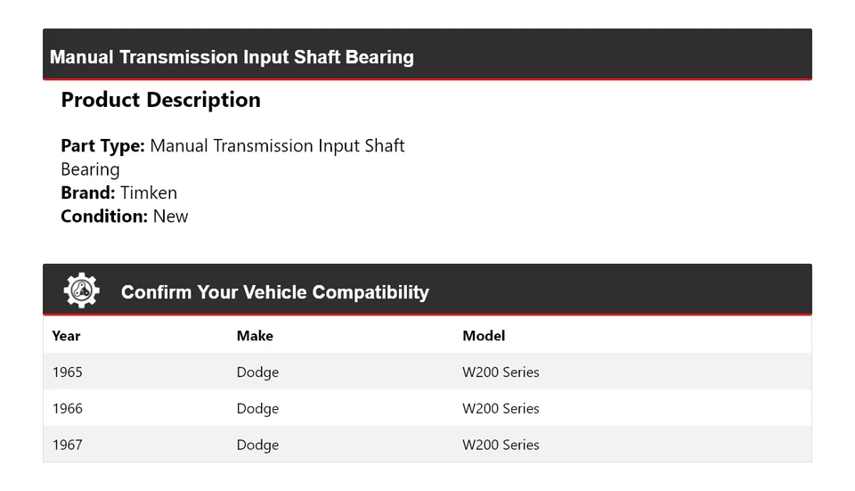 For 1965-1967 Dodge W200 Series Manual Transmission Input Shaft Bearing Timken - Image 2 of 4